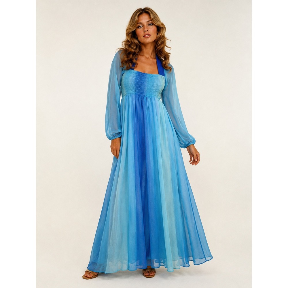 Vintage 70s Ombre Blue Cotton Greek Goddess Maxi Dress Smocked Empire Waist S